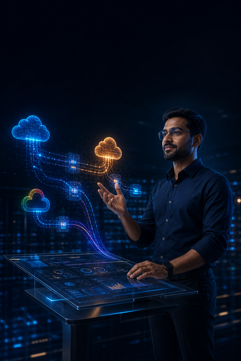 A 3D visualization of a data engineer working with cloud data pipelines